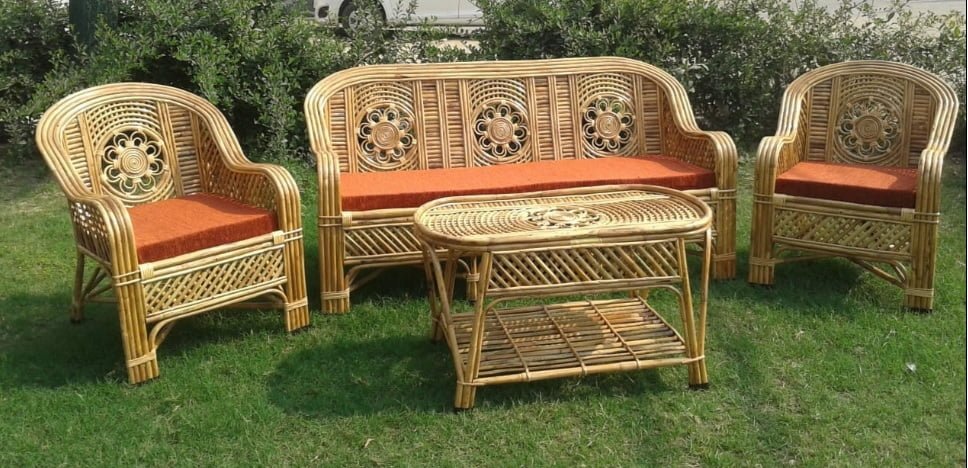 Bamboo Cane 3 Seater Sofa Set With Table For Home Living Room Office